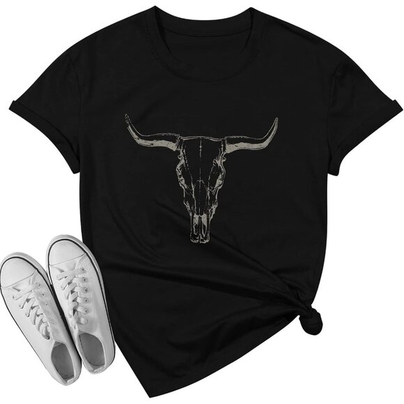 🆕 Women Black Boho Cow Skull Vintage Western Rodeo Graphic Short Sleeve Shirts - Picture 5 of 6